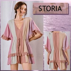 Anthropologie Storia Pastel Color Block Ruffled Drawstring High Waist Romper M